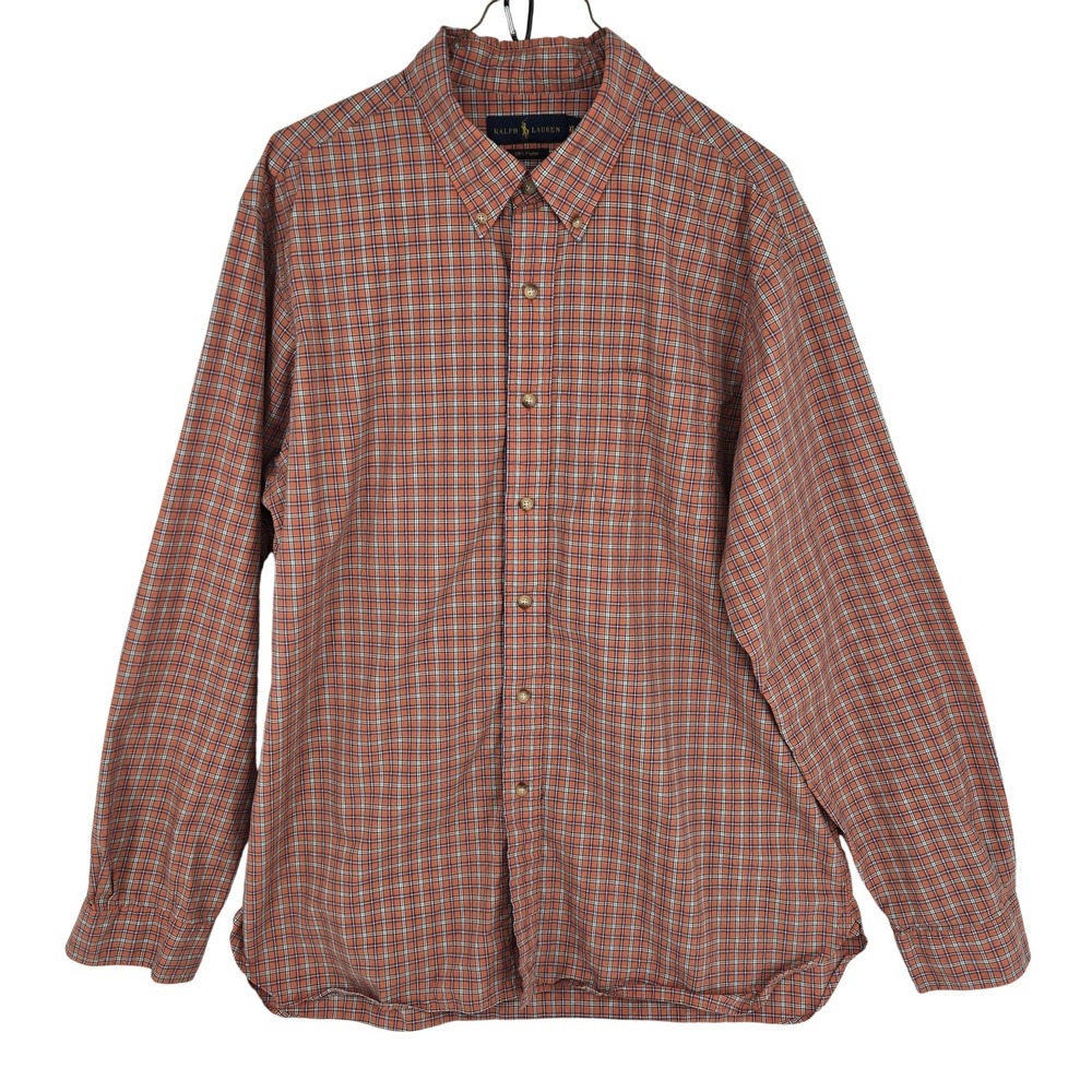 Ralph Lauren Shirt Mens XL Orange Plaid 120s 0Poplin Button Down Long Sleeve